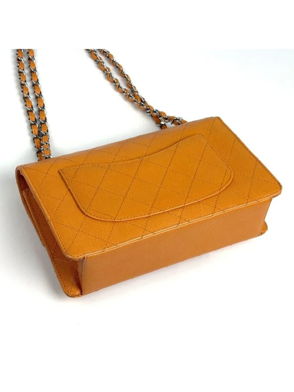 Chanel CC Logo Chain Shoulder Bag Quilted Caviar Leather Orange